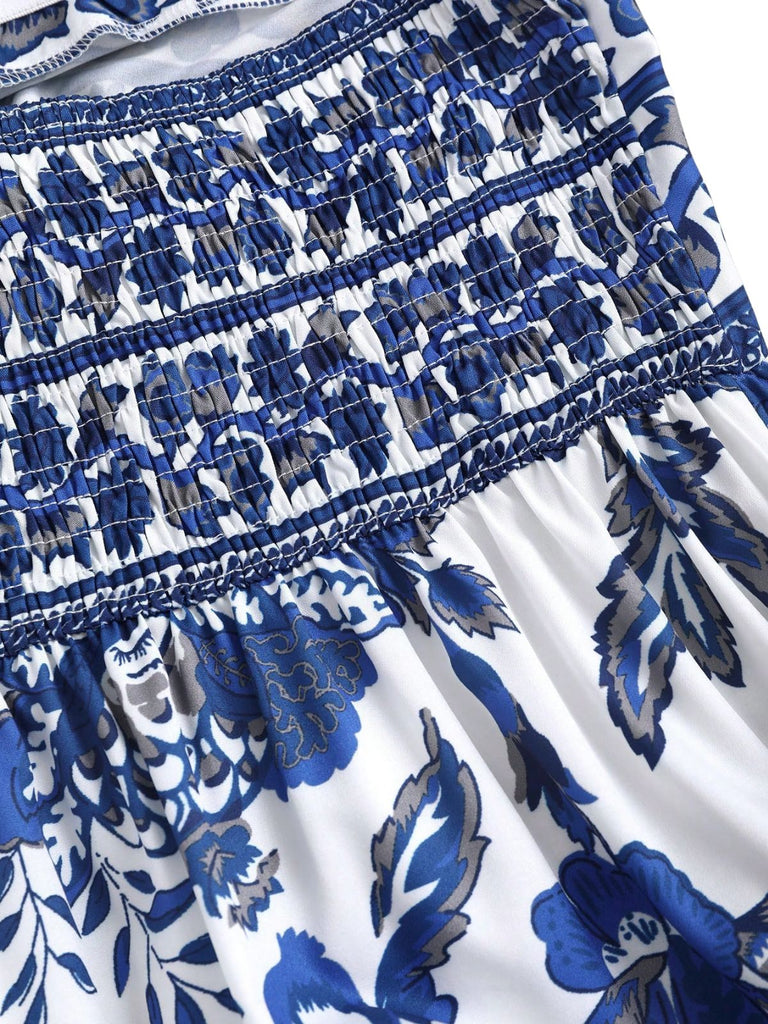 Robe Boho Bleue Halter à Nœud Imprimé Porcelaine Années '70 5