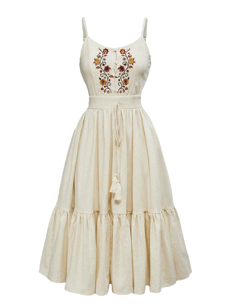Robe Bretelles Spaghetti Brodé Beige Années 1950