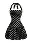Robe boule noire à pois et dos nu années 1960