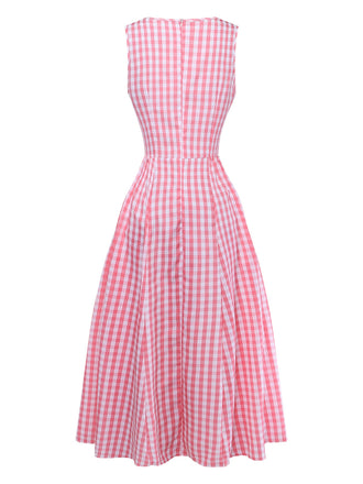 Robe Rose Vichy Encolure Trou de Serrure Évasé Midi Années 1950 2