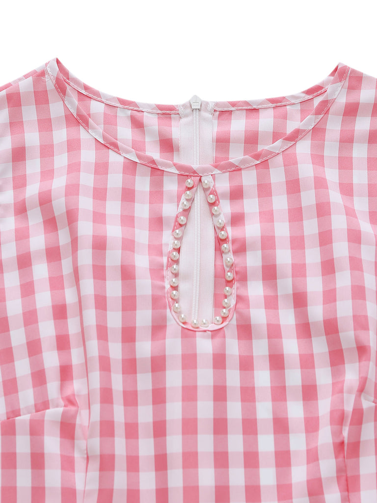 Robe Rose Vichy Encolure Trou de Serrure Évasé Midi Années 1950 3