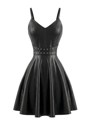 Robe Sans Manches Taille en Simili Cuir Noire Années 1950