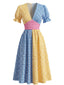 Robe Multicolore Col V Patchwork à Carreaux Années 1940