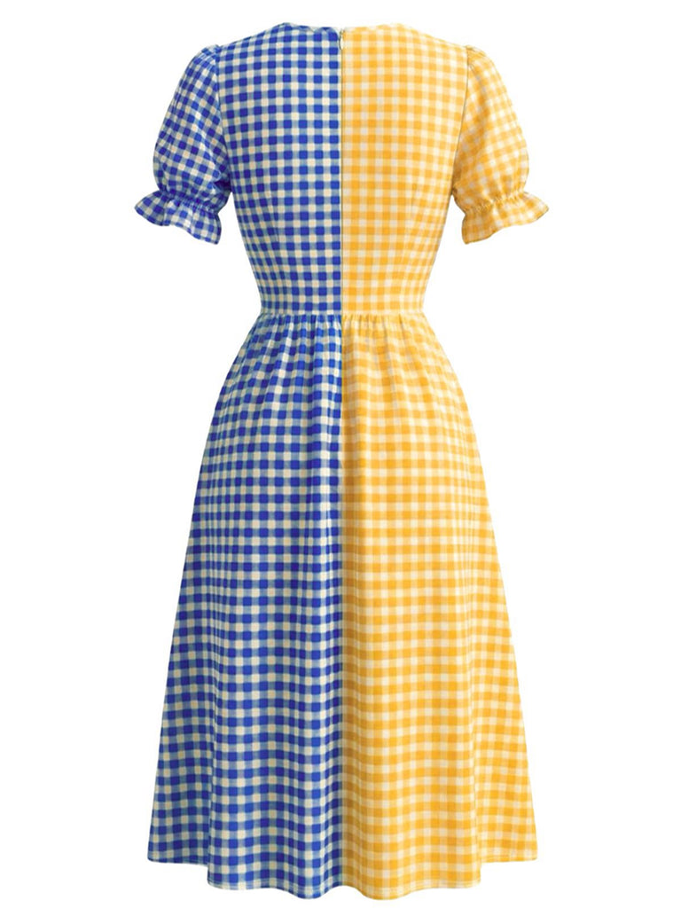 Robe Multicolore Col V Patchwork à Carreaux Années 1940