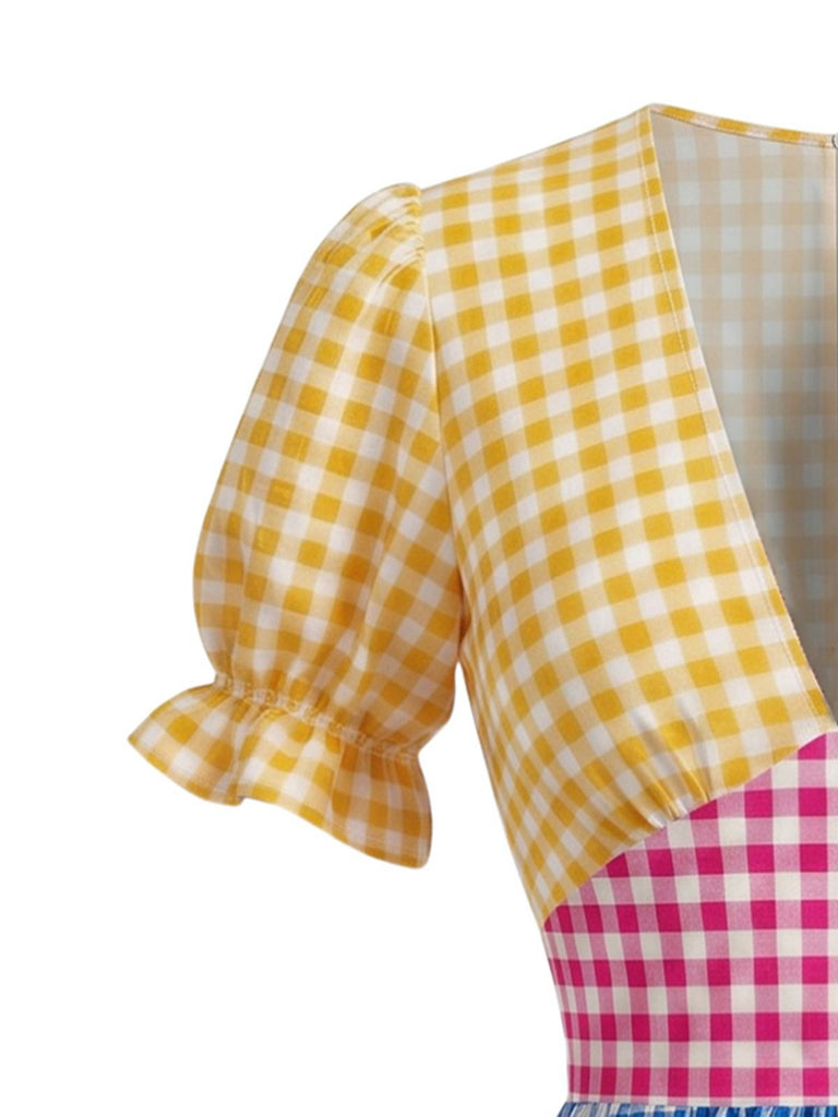 Robe Multicolore Col V Patchwork à Carreaux Années 1940