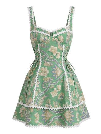 Mini Robe Bohème à Bretelles Paisley Florale Verte Années 1970