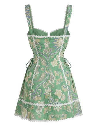 Mini Robe Bohème à Bretelles Paisley Florale Verte Années 1970 2