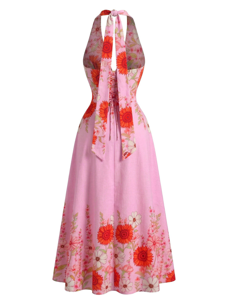 Robe Halter Col V Sunflower Fitted Waist Évasé Années 1950 6