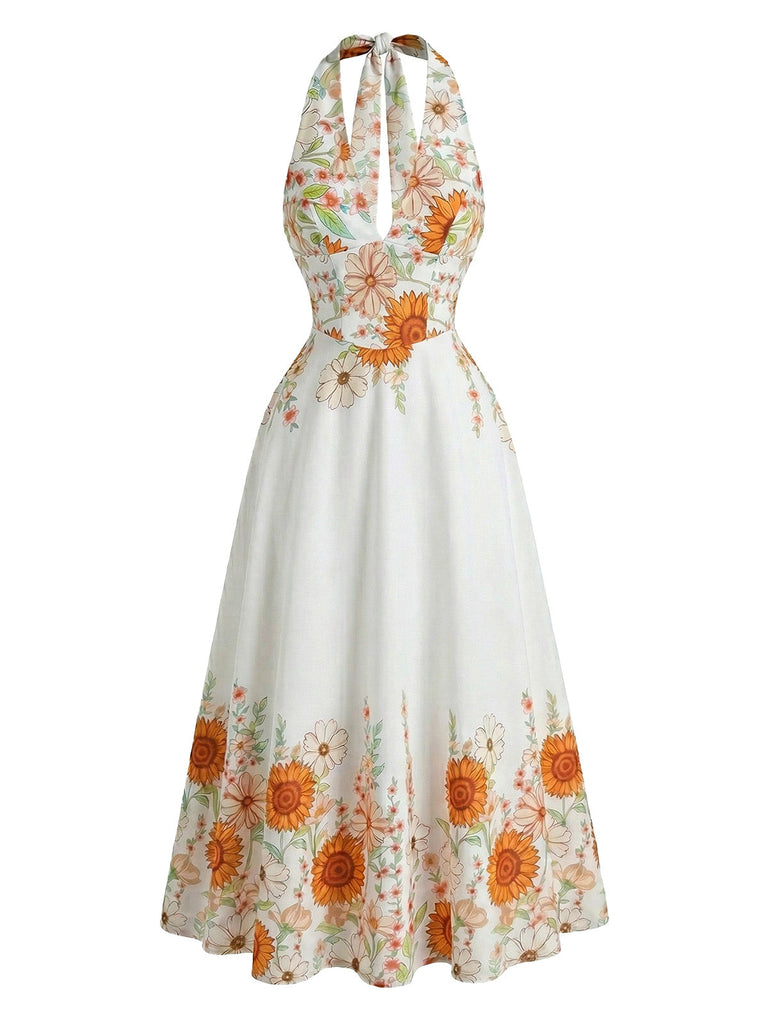 Robe Halter Col V Sunflower Fitted Waist Évasé Années 1950 8