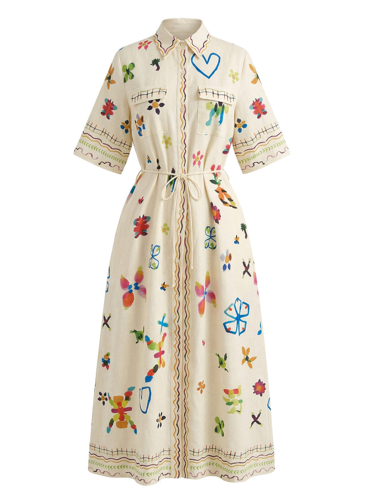 Robe Maxi Chemise Demi-Manches Floral Folklorique Beige Années 70