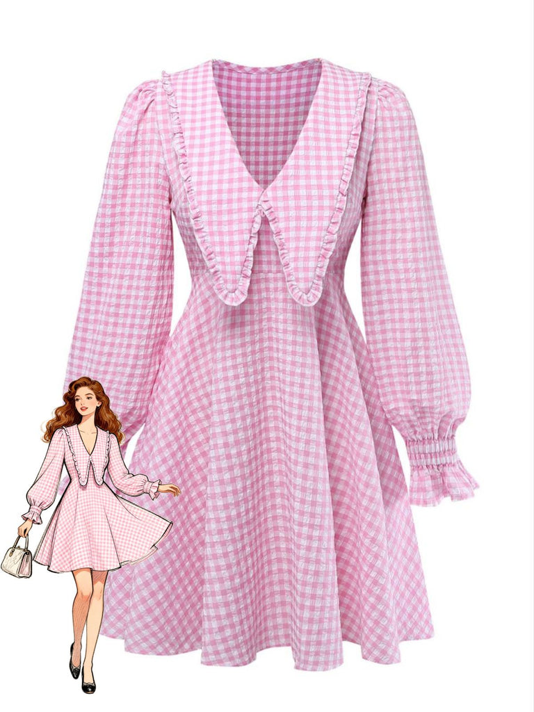 Robe à Revers Manches Bouffantes Volantées Vichy Rose Années 50