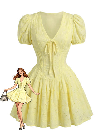 Mini Robe en Coton Brodée à Manches Bouffantes Col V Jaune Années 1960