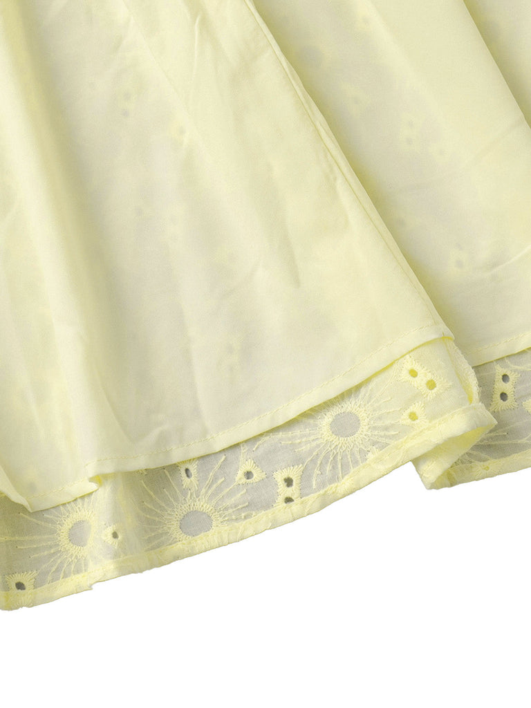 Mini Robe en Coton Brodée à Manches Bouffantes Col V Jaune Années 1960 7