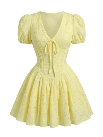 Mini Robe Jaune en Coton Manches Bouffantes Années 1960