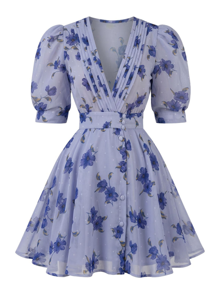 Robe Florale Taille Haute Manches Bouffantes Col en V Bleu années 50