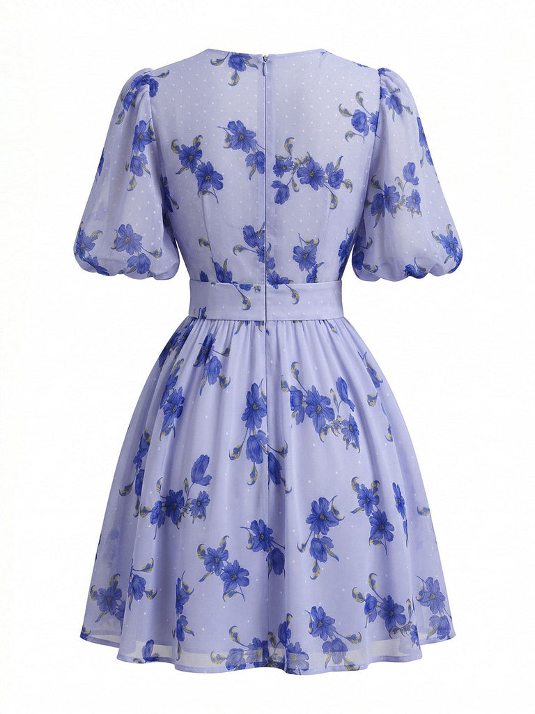 Robe Florale Taille Haute Manches Bouffantes Col en V Bleu années 50 3