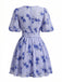 Robe Florale Taille Haute Manches Bouffantes Col en V Bleu années 50 3