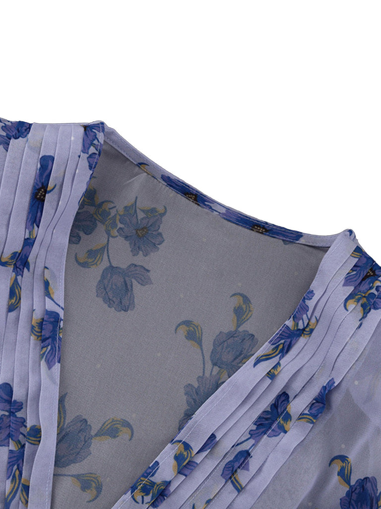 Robe Florale Taille Haute Manches Bouffantes Col en V Bleu années 50 4