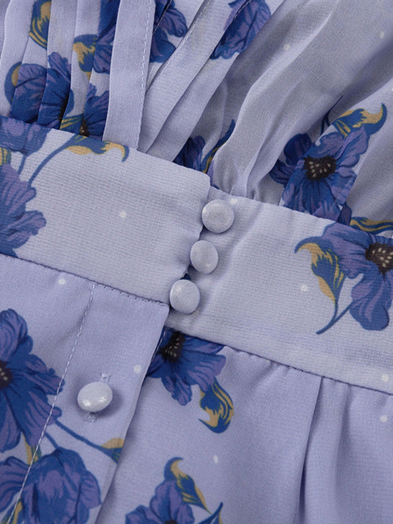 Robe Florale Taille Haute Manches Bouffantes Col en V Bleu années 50 5