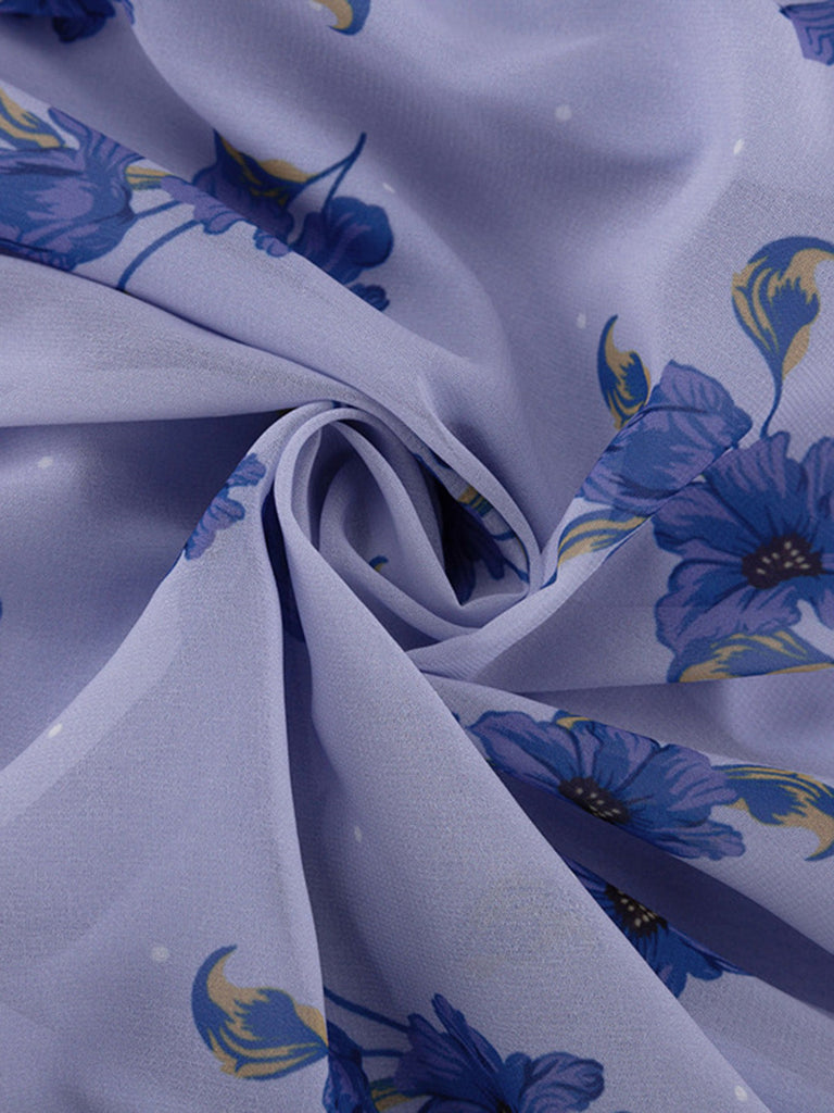 Robe Florale Taille Haute Manches Bouffantes Col en V Bleu années 50 7