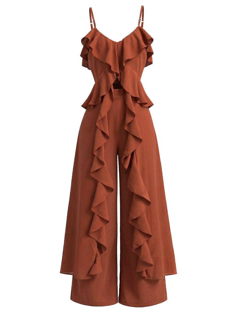 2PCS Haut à Bretelles et Pantalon à Volants Cascade années 70 2