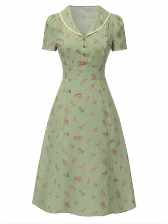Robe Florale en Pur Coton à Manches Bouffantes Verte Années 1940