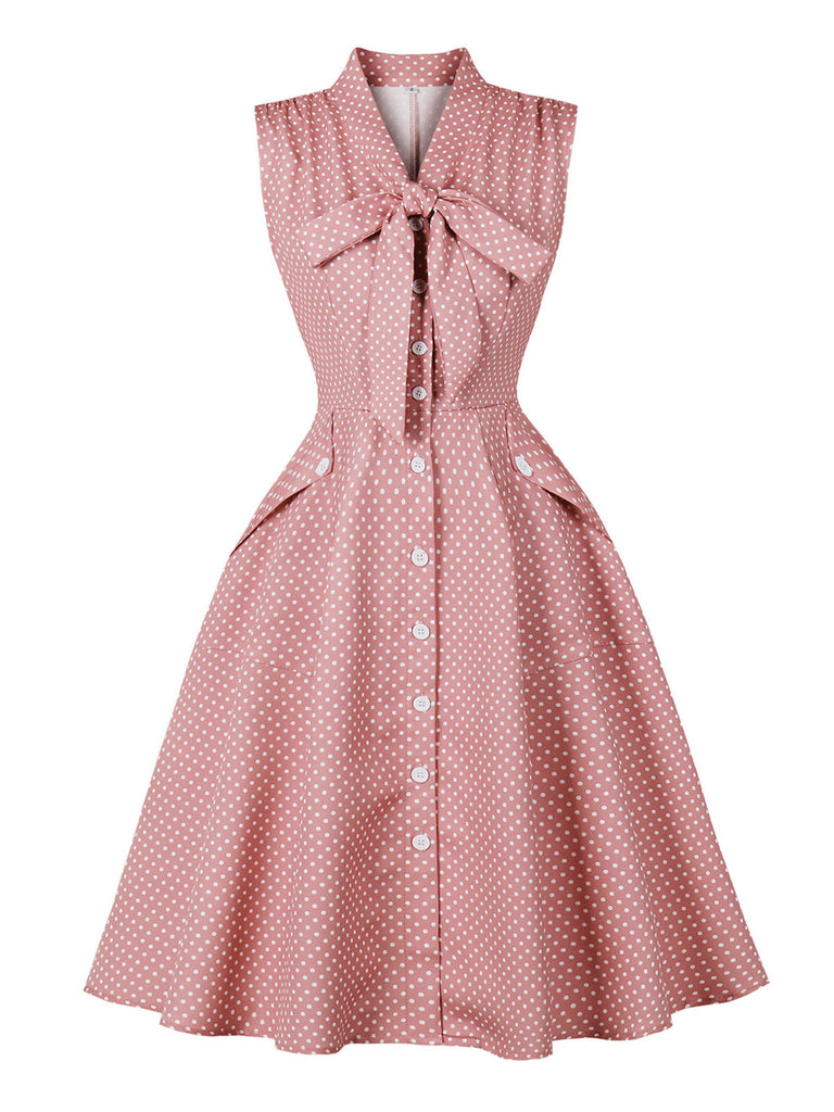 Robe Évasée à Pois avec Nœud Rose Années 1950