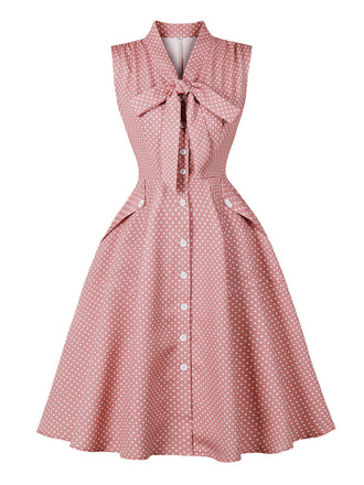Robe Évasée à Pois avec Nœud Rose Années 1950