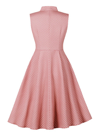 Robe Évasée à Pois avec Nœud Rose Années 1950 2