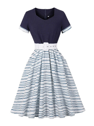 Robe Évasée Ceinturée Imprimé Géométrique Bleu Foncé Années 1950