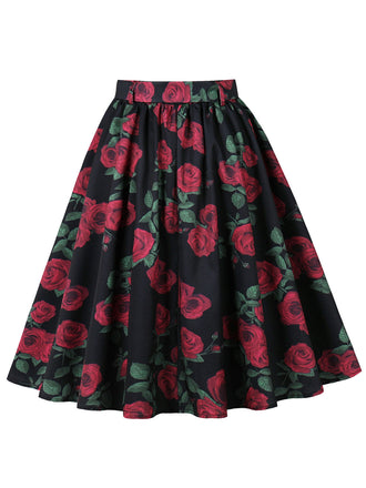 Jupe Plissée Imprimé Rose Floral Rouge Années 50