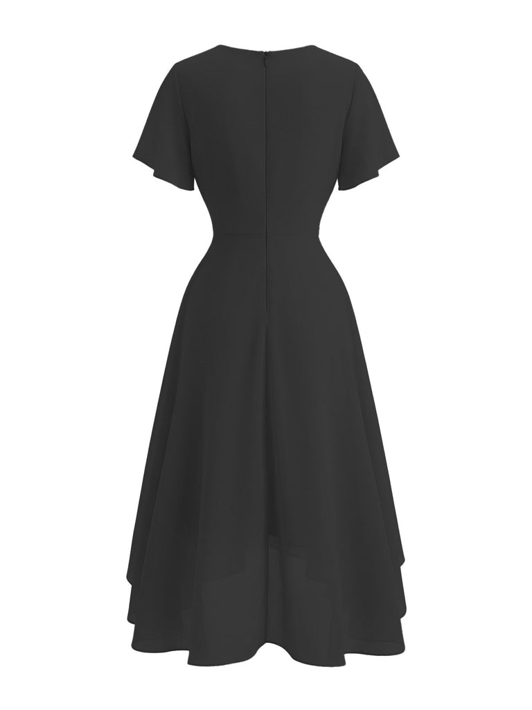 Robe Solid Col V à Volants Sleeve en Mousseline Asymmetrical Années 1950 7