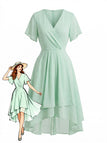 Robe Solid Col V à Volants Sleeve en Mousseline Asymmetrical Années 1950