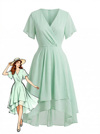 Robe Solid Col V à Volants Sleeve en Mousseline Asymmetrical Années 1950