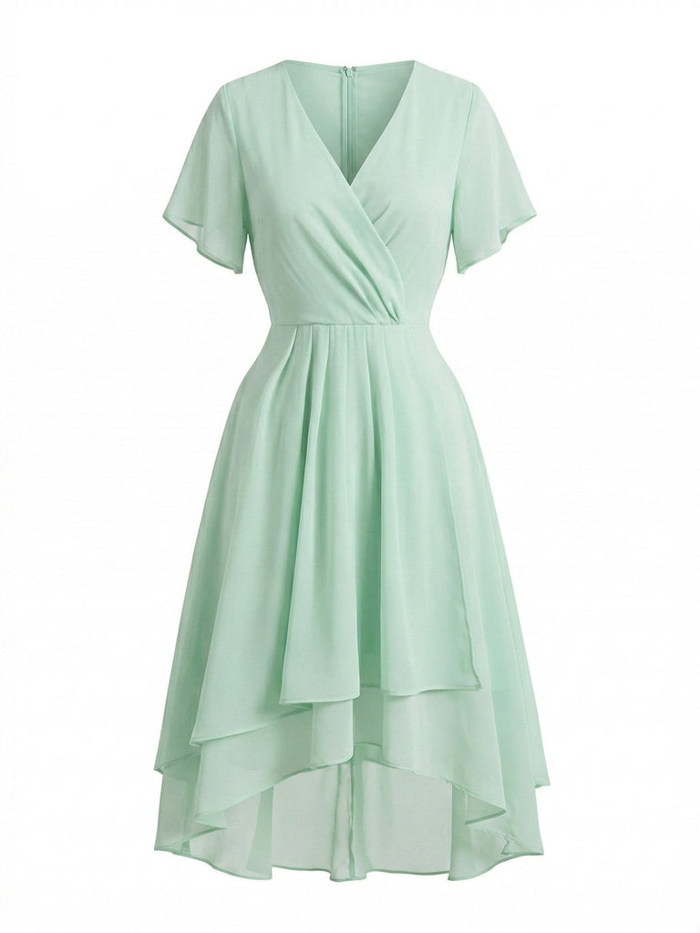 Robe Solid Col V à Volants Sleeve en Mousseline Asymmetrical Années 1950 2