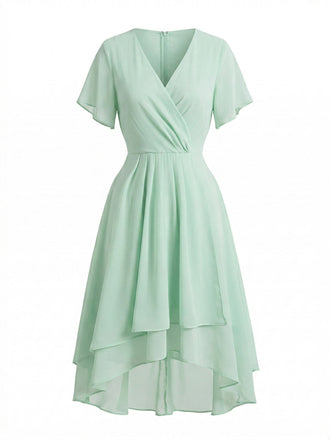 Robe Solid Col V à Volants Sleeve en Mousseline Asymmetrical Années 1950 2