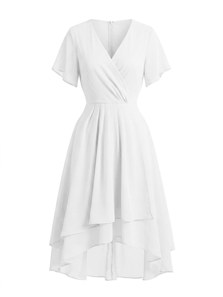 Robe Solid Col V à Volants Sleeve en Mousseline Asymmetrical Années 1950 4