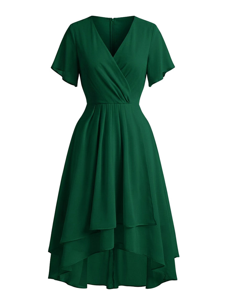 Robe Bleu Col V en Mousseline Asymmetrical Années 1950