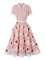 Robe Évasée à Carreaux Fraise Col Revers Années 1950