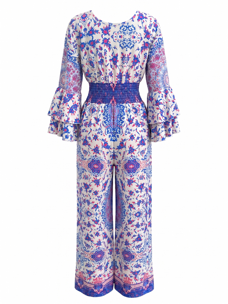 Combinaison bleue bohème motif floral liberty et manches évasées années 70