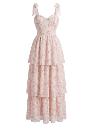 Robe Floral Fishbone Layered Tie Strap en Filet Midi Rose Années 1940 2