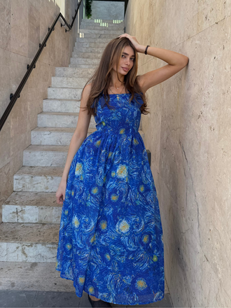 Robe Swing Bleue Imprimé La Nuit Étoilée Van Gogh Années 40