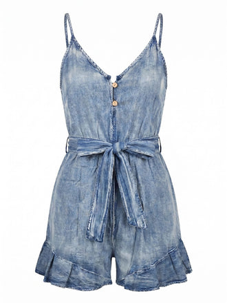 Combishort en Denim Vintage Buttoned Tie-Waist à Volants Années 1950