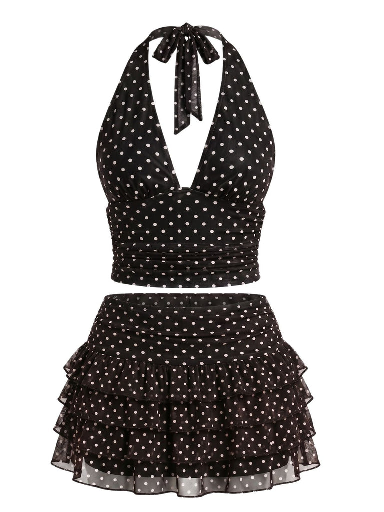 Ensemble 2 Pièces 2PCS à Pois Halter & à Volants Étagés en Filet Années 1950 4