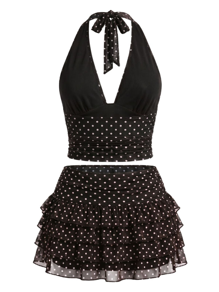 Ensemble 2 Pièces 2PCS à Pois Halter & à Volants Étagés en Filet Années 1950 5
