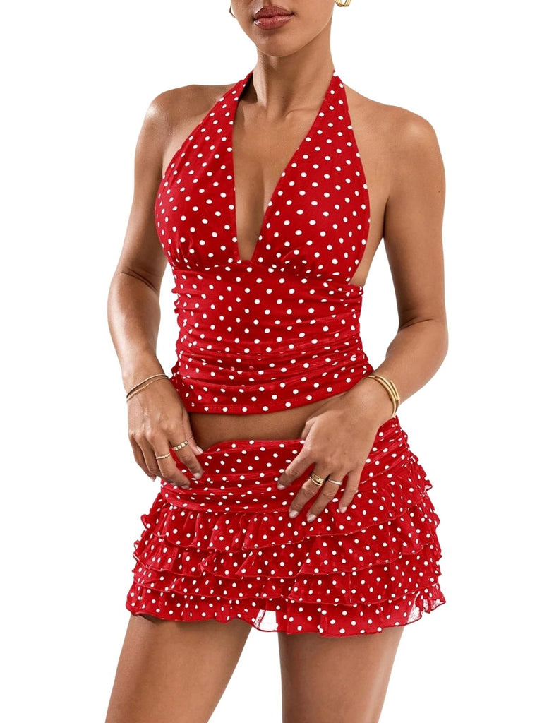 Ensemble 2 Pièces 2PCS à Pois Halter & à Volants Étagés en Filet Années 1950 3