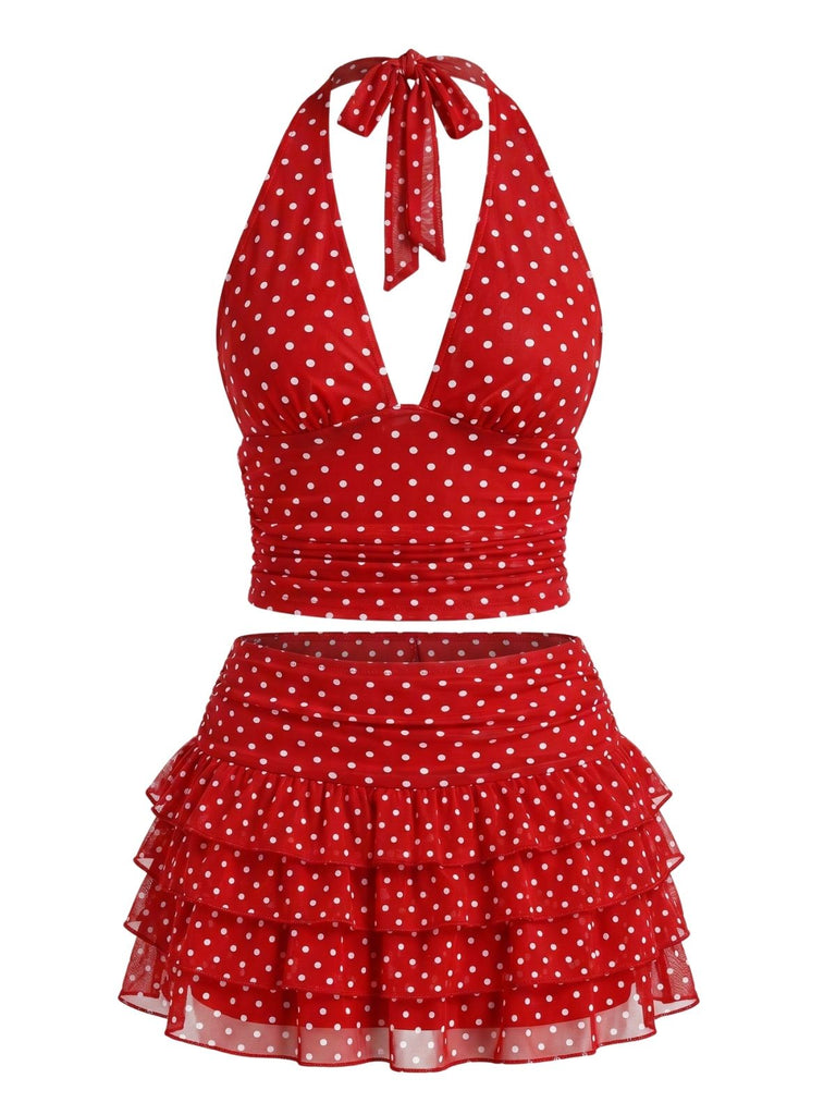 Ensemble 2 Pièces 2PCS à Pois Halter & à Volants Étagés en Filet Années 1950