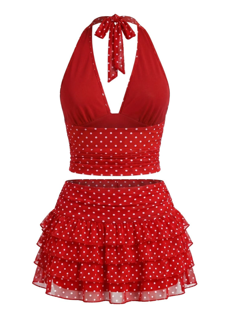 Ensemble 2 Pièces 2PCS à Pois Halter & à Volants Étagés en Filet Années 1950 2