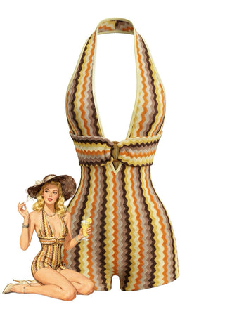 Combishort Dos-Nu Col V Profond Tricot Zig-Zag Multicolore Années 70