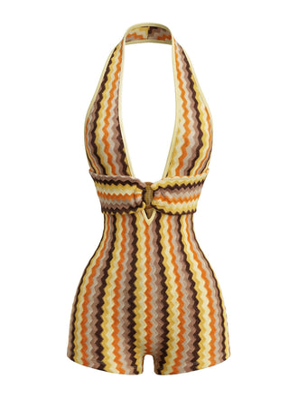 Combishort Dos-Nu Col V Profond Tricot Zig-Zag Multicolore Années 70